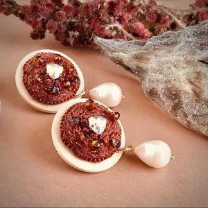 Wooden Vintage Style Earrings Brown Cream Textile Embroidery Pearl Drop